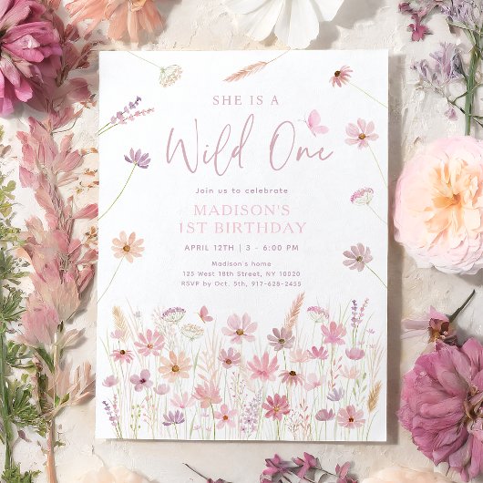 Wild One Pink Wildflowers Eerste Verjaardag Kaart