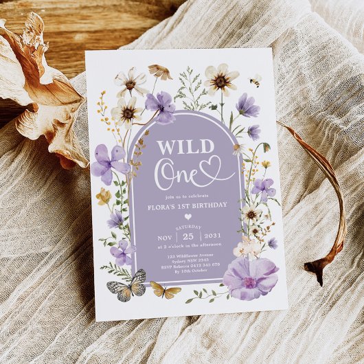 Wild One: Purple Beige Wildflower 1st Birthday Kaart