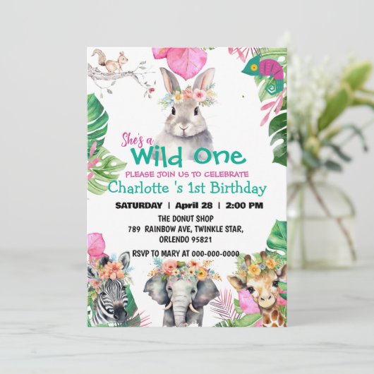 Wild One Rabbit Safari oerwoud 1e Dierenverjaardag Kaart (Staand voorkant)