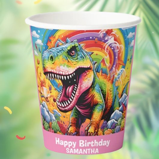 Wild One Rainbow Dinosaur Roze Papieren Bekers