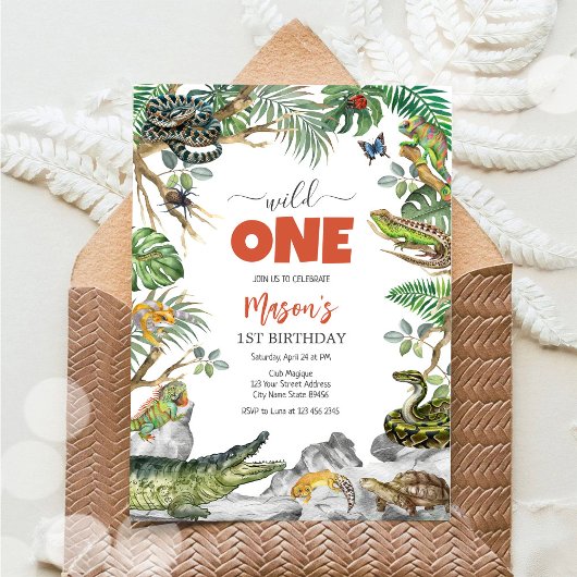 Wild One Reptile Party Animals Kids 1st Birthday Kaart