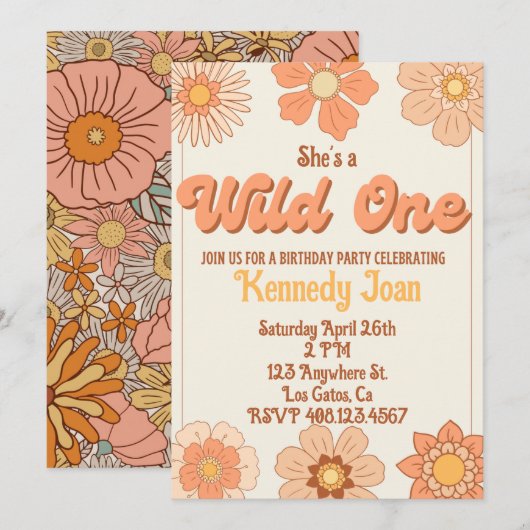 Wild One Retro Bloem Uitnodiging (Voorkant / Achterkant)
