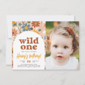 Wild One Retro Boho Wildflower 1e Verjaardag Foto Kaart (Voorkant)