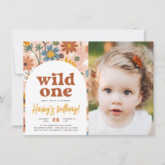 Wild One Retro Boho Wildflower 1e Verjaardag Foto Kaart (Voorkant)