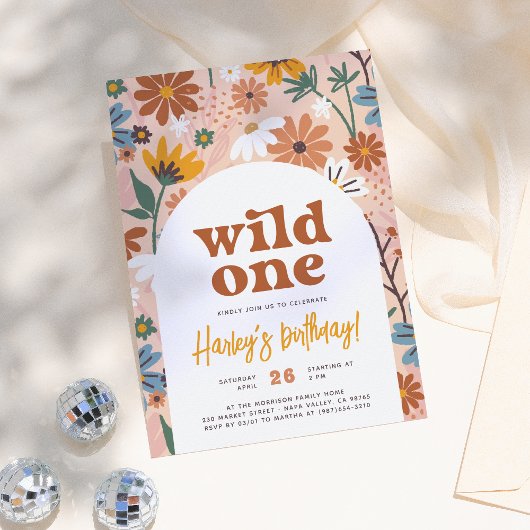 Wild One Retro Boho Wildflower 1e verjaardagsfeest Kaart