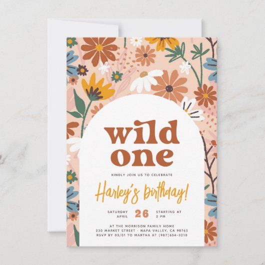 Wild One Retro Boho Wildflower 1e verjaardagsfeest Kaart (Voorkant)