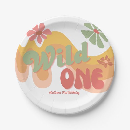 Wild One Retro Regenboog Daisy 1e Verjaardag Papieren Bordje (Voorkant)