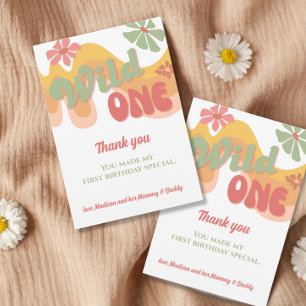 Wild One Retro Regenboog Daisy Eerste Verjaardag Bedankkaart