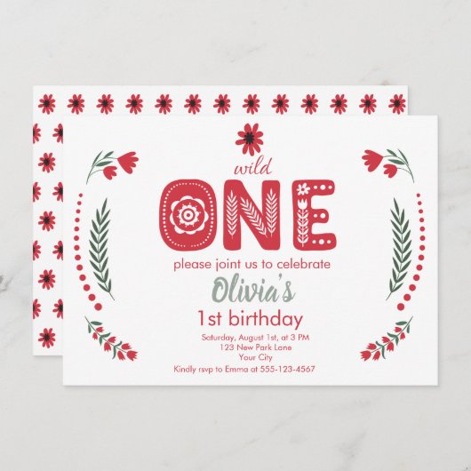 Wild One - Rode bloemrijke folk art 1e verjaardags Kaart (Voorkant / Achterkant)