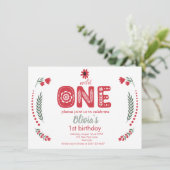 Wild One - Rode bloemrijke folk art 1e verjaardags Kaart (Staand voorkant)