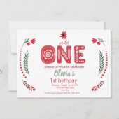 Wild One - Rode bloemrijke folk art 1e verjaardags Kaart (Voorkant)