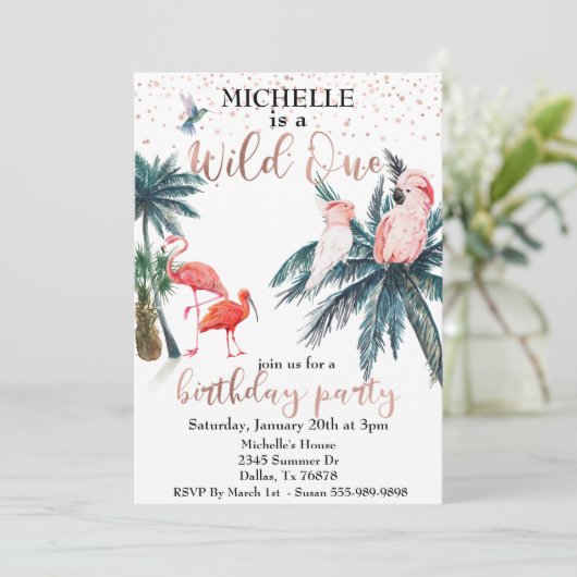 Wild One Roos Gold Tropical Birds Oerwoud Kaart (Staand voorkant)