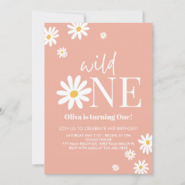 Wild One Roze Daisy 1e Verjaardag Uitnodiging