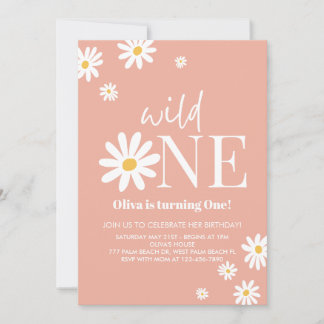 Wild One Roze Daisy 1e Verjaardag Uitnodiging