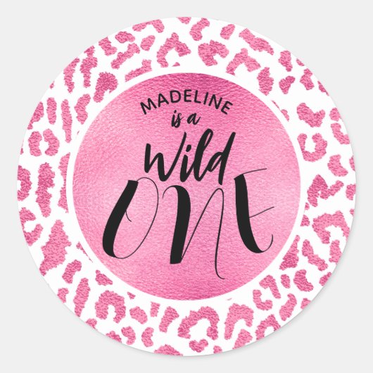 Wild One Roze Leopard 1e Verjaardag Ronde Sticker (Voorkant)