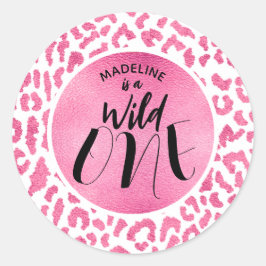 Wild One Roze Leopard 1e Verjaardag Ronde Sticker