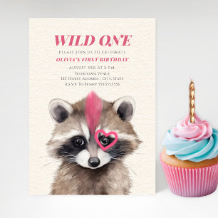 Wild One Roze Mohawk Raccoon 1e Verjaardagsfeest Kaart