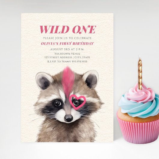 Wild One Roze Mohawk Raccoon 1e Verjaardagsfeest Kaart
