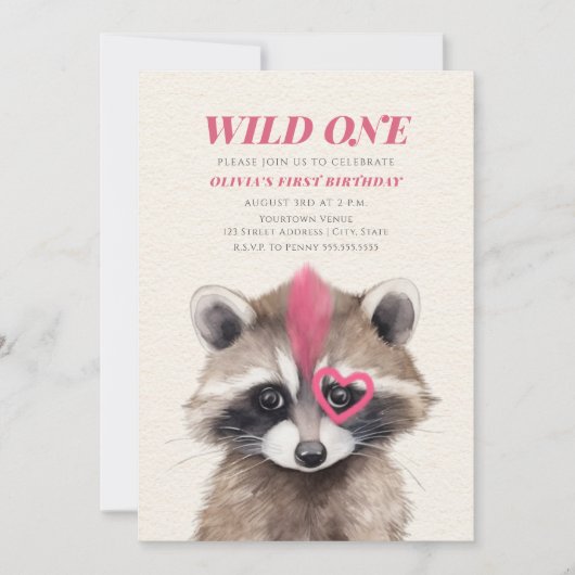 Wild One Roze Mohawk Raccoon 1e Verjaardagsfeest Kaart (Voorkant)