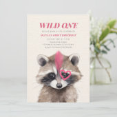 Wild One Roze Mohawk Raccoon 1e Verjaardagsfeest Kaart (Staand voorkant)