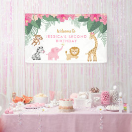 Wild ONE - Roze Safari Meisje's Tweede Verjaardag Spandoek
