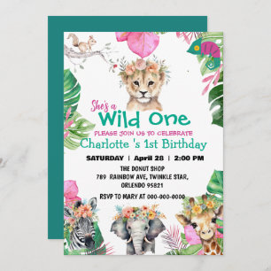 Wild One Roze Safari oerwoud 1e Dierenverjaardag Kaart
