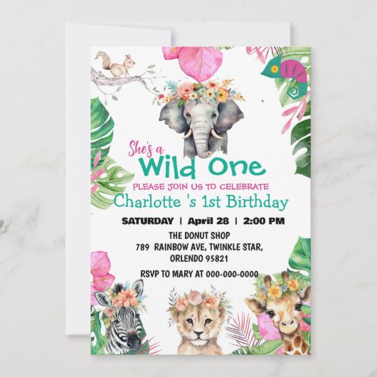 Wild One Roze Safari oerwoud 1e Dierenverjaardag Kaart (Voorkant)