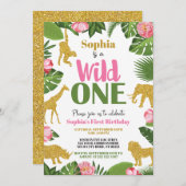 Wild One Safari 1e verjaardag uitnodiging meisje g (Voorkant / Achterkant)
