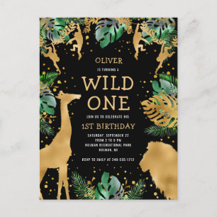 Wild One Safari 1st Birthday Black Gold Green Uitnodiging Briefkaart