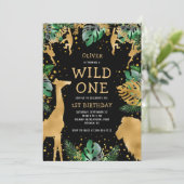 Wild One Safari 1st Birthday Black Green Gold Kaart (Staand voorkant)