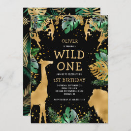 Wild One Safari 1st Birthday Black Green Gold Kaart