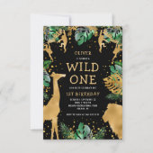 Wild One Safari 1st Birthday Black Green Gold Kaart (Voorkant)
