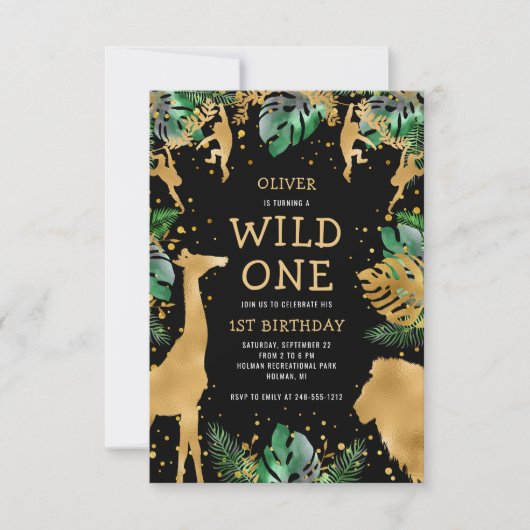 Wild One Safari 1st Birthday Black Green Gold Kaart (Voorkant)