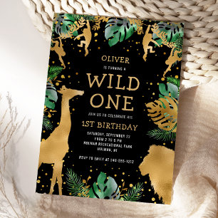 Wild One Safari 1st Birthday Black Green Gold Kaart