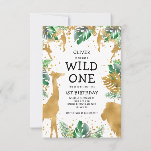Wild One Safari 1st Birthday Green Gold Black Kaart (Voorkant)