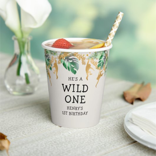 Wild One Safari 1st Birthday Green Gold Ecru Papieren Bekers (Insitu)