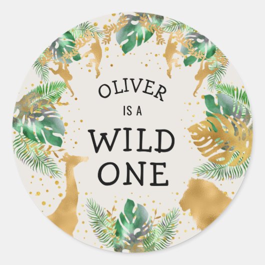 Wild One Safari 1st Birthday Green Gold Ecru Ronde Sticker (Voorkant)
