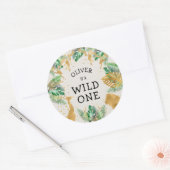 Wild One Safari 1st Birthday Green Gold Ecru Ronde Sticker (Envelop)