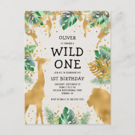 Wild One Safari 1st Birthday Green Gold Ecru Uitnodiging Briefkaart