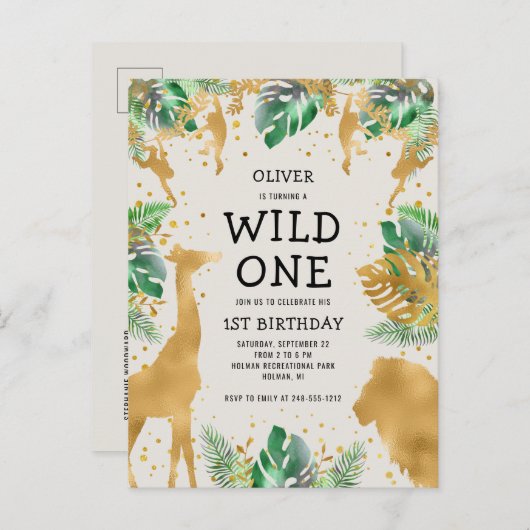 Wild One Safari 1st Birthday Green Gold Ecru Uitnodiging Briefkaart (Voorkant / Achterkant)