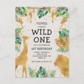 Wild One Safari 1st Birthday Green Gold Ecru Uitnodiging Briefkaart (Voorkant)