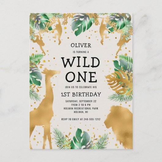 Wild One Safari 1st Birthday Green Gold Ecru Uitnodiging Briefkaart (Voorkant)