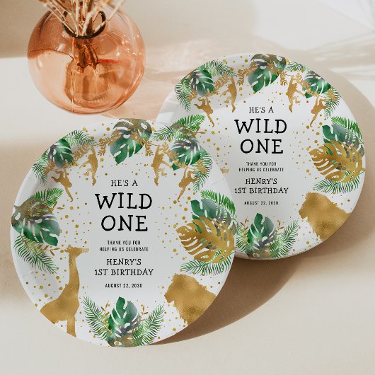 Wild One Safari 1st Birthday Green Gold Papieren Bordje