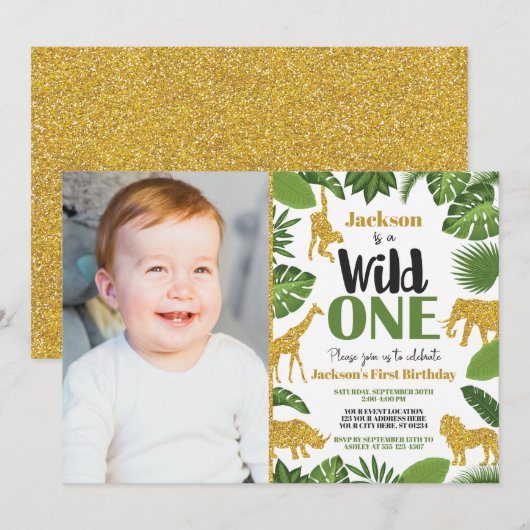 Wild One Safari 1st Birthday Invitation Boy Gold Kaart (Voorkant / Achterkant)