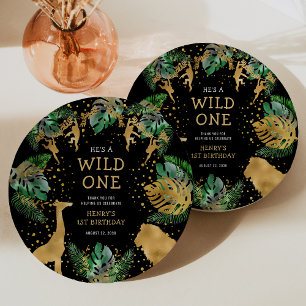 Wild One Safari 1st Birthday Party Green Black Papieren Bordje