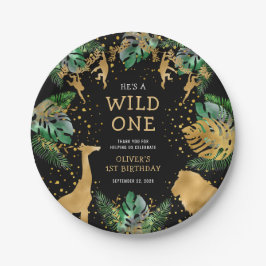 Wild One Safari 1st Birthday Party Green Black Papieren Bordje