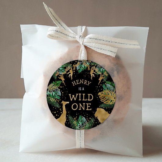 Wild One Safari 1st Birthday Party Green Black Ronde Sticker