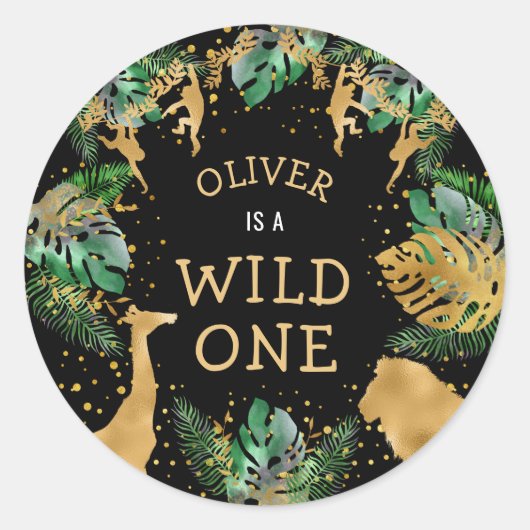 Wild One Safari 1st Birthday Party Green Black Ronde Sticker (Voorkant)