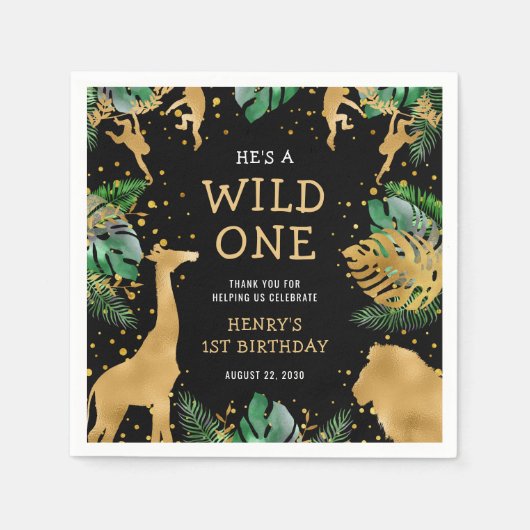 Wild One Safari 1st Birthday Party Green Black Servet (Voorkant)