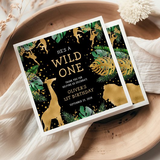 Wild One Safari 1st Birthday Party Green Black Servet
